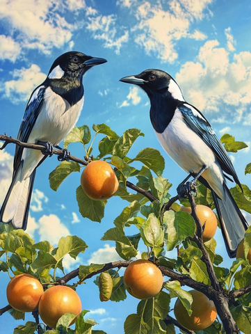 蓝天下两鸟栖息柿子树