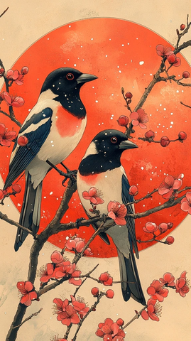 梅枝上两只喜鹊雪中静立