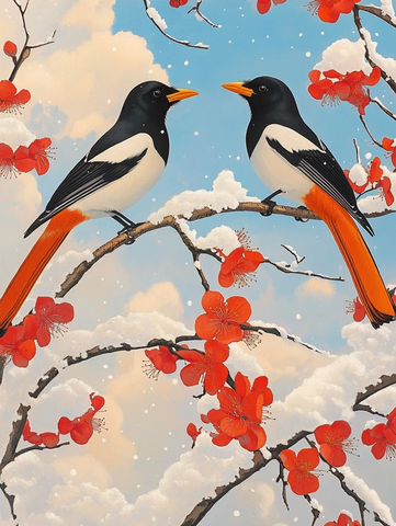 雪中红梅枝头双喜鹊