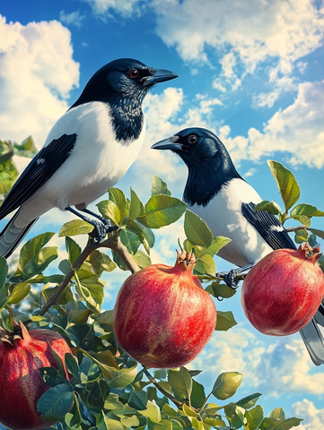 绿枝挂满熟石榴喜鹊相戏