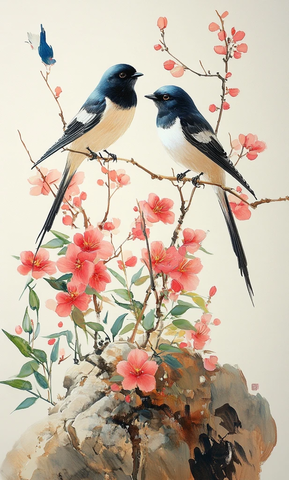 竹子喜鹊蓝燕子水墨画