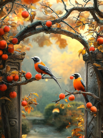 红梅枝头双喜鹊采柿