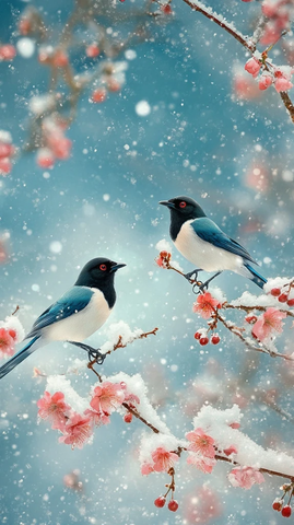 雪中梅枝喜鹊图