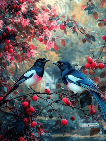 红蓝果树房屋池塘花鹊