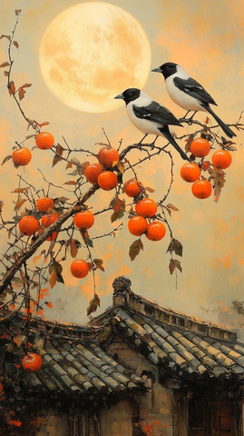 黑白喜鹊枝头挂满柿子