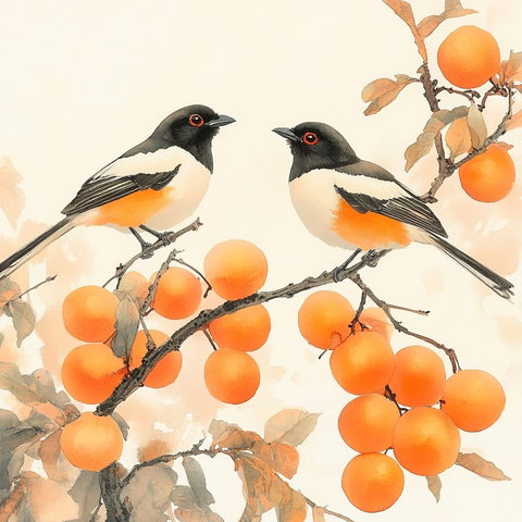 树枝上两只鹊与柿子