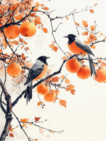 柿子挂枝头喜鹊立树梢