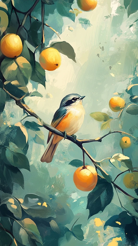 鸟栖枝头绿叶黄果