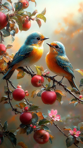 鸟儿栖息苹果树花园背景