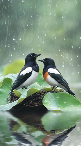 雨中莲叶上的两只喜鹊