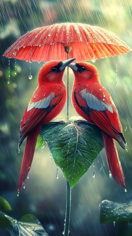 红白花下两只红喜鹊