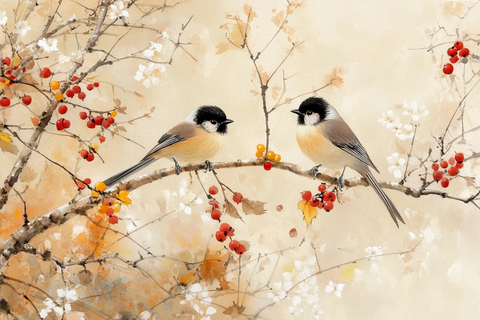 鸟栖枝头红黄果实花卉