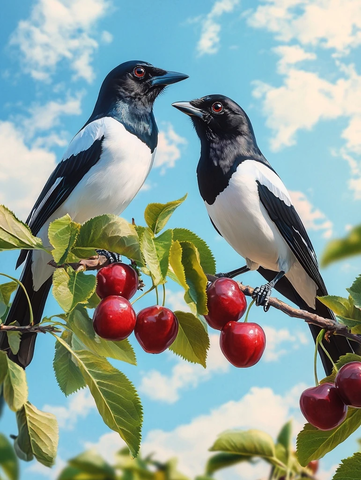 樱桃树上两只喜鹊