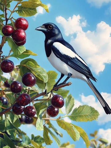 梅树枝头双喜鹊绿叶红果映蓝天