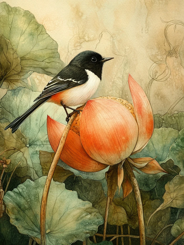 莲花苞上小鸟啄古葫芦