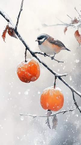 霜降枝头柿子鸟歇