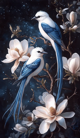 白蓝鸟栖息木兰花夜空