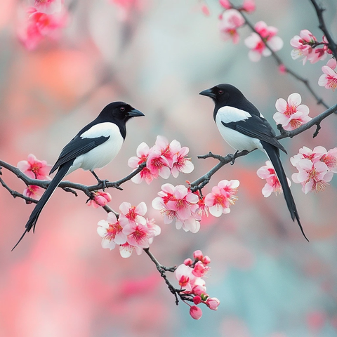 梅花枝头乌鸫栖息