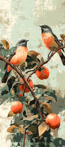 苹果树上两只鸟像素画