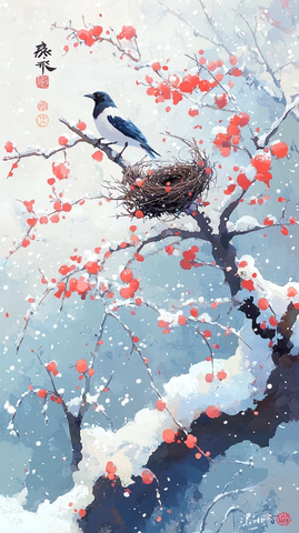 冬雪梅花开鹊筑巢