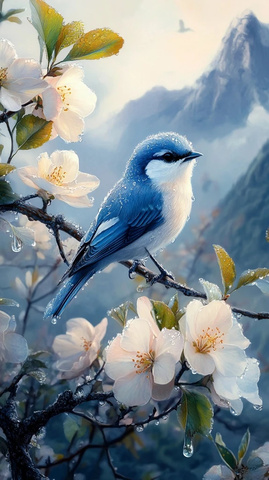 蓝白鸟立梨树枝头