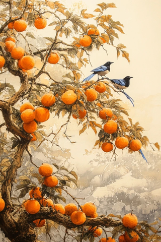柿树蓝鹊工笔画
