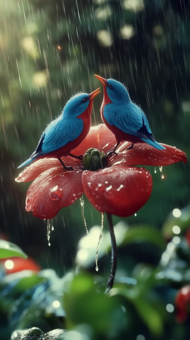 蓝鸟避雨红花中阳光雨中闪