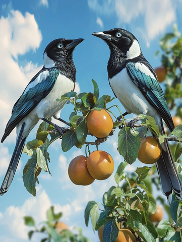 两只喜鹊在柿子树上