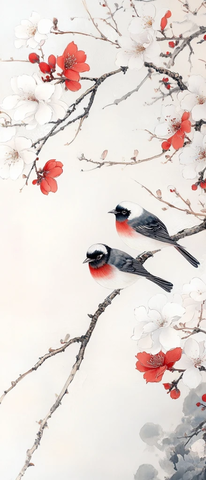 白梅红梅双鸟栖枝图