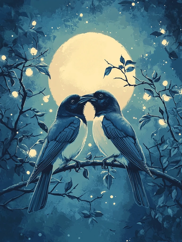 桃树枝头两喜鹊相依