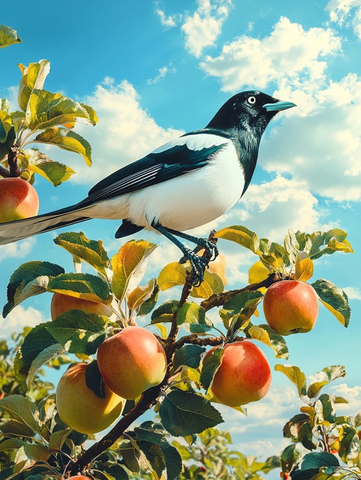 红苹果树上的绿头白羽喜鹊