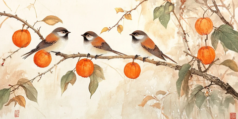 鸟儿栖息柿子树枝头