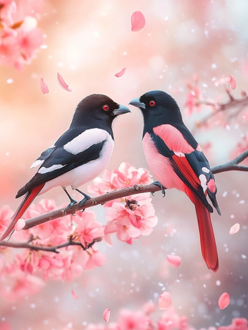 桃树枝头双喜鹊春日落英