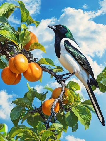 喜鹊栖息柿子树枝头