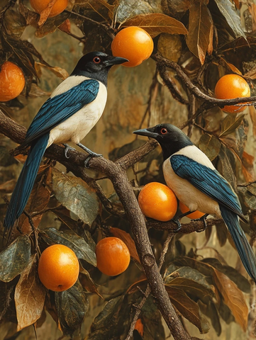 乡村门楼柿子树双鹊图