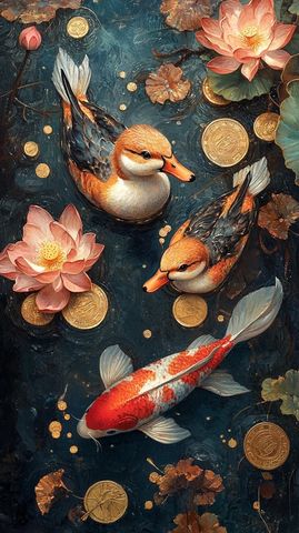 鸳鸯莲花池塘锦鲤金币