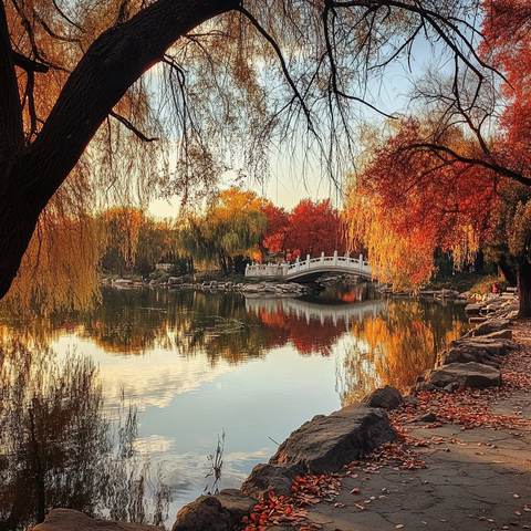 湖畔秋景中带桥的宁静风景