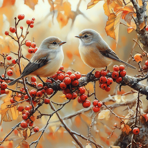 秋日阳光下的草地与鸟群