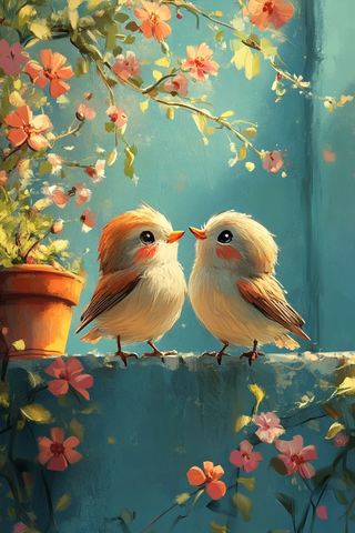 小鸟坐墙边花盆旁