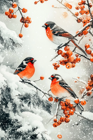 山杨雪景与红腹灰雀