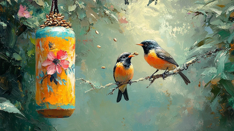 自制的彩色鸟食器和澳洲小鸟