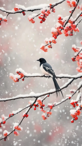 雪中红梅枝头喜鹊