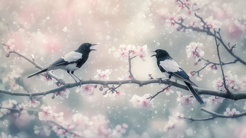 梅花树枝上的两只喜鹊
