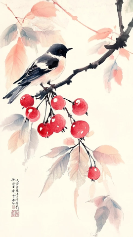 咖啡樱桃燕子墨绘卷轴