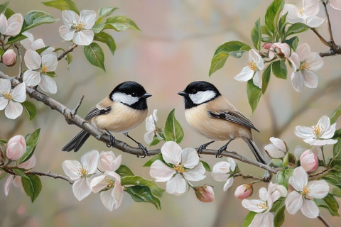 苹果树枝上两只啁啾鸟