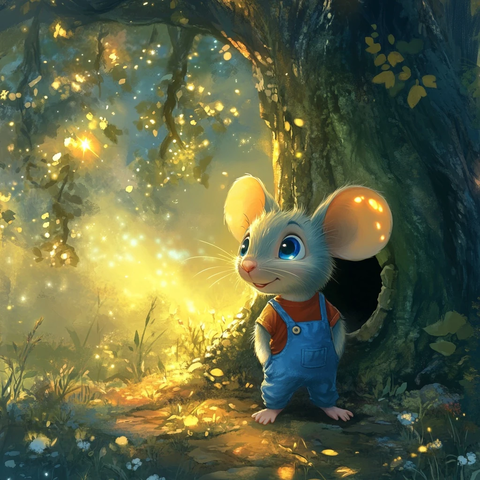 蓝鼠穿红衣站树洞旁