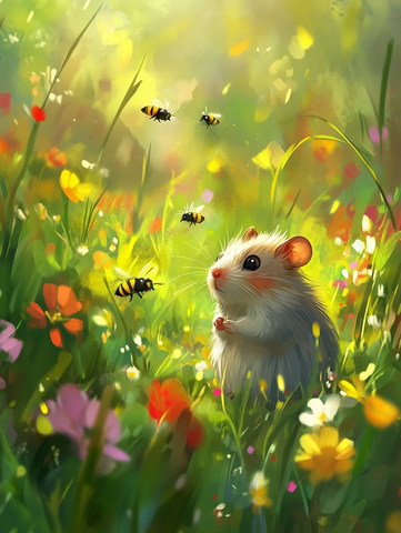 花丛中探索的快乐小仓鼠