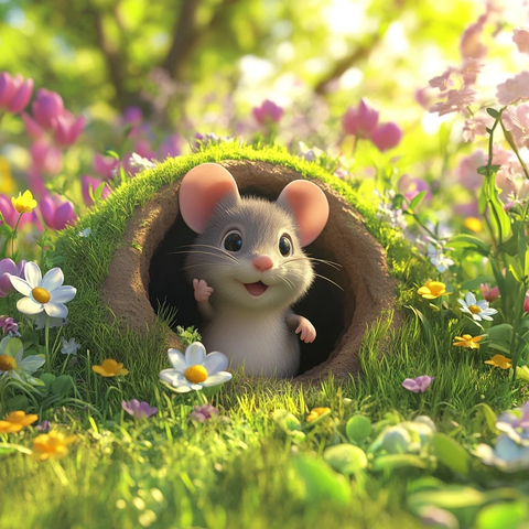 春天花丛小鼠出洞