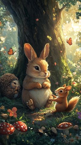 兔子树下抱爪刺猬松鼠嬉戏