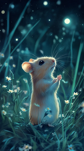银月下的小仓鼠与草丛